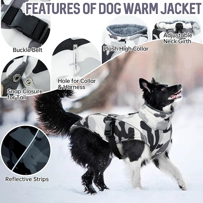 DENTRUN Extra Large Warm Dog Jacket - Windproof Water Repellent Reflective Coat, Adjustable Plush Turtleneck, Easy Wear Fleece Lined Cold Weather Vest for Great Dane, White Camo, XXXL