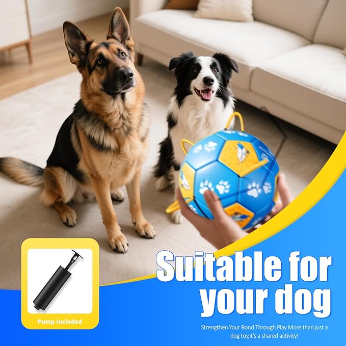 Size 3 Dog Soccer Ball with Straps Durable Training Ball for Pets Interactive Outdoor Dog Toy, Blue & Yellow, Paw Prints and Feather Design, for Medium & Large Puppies