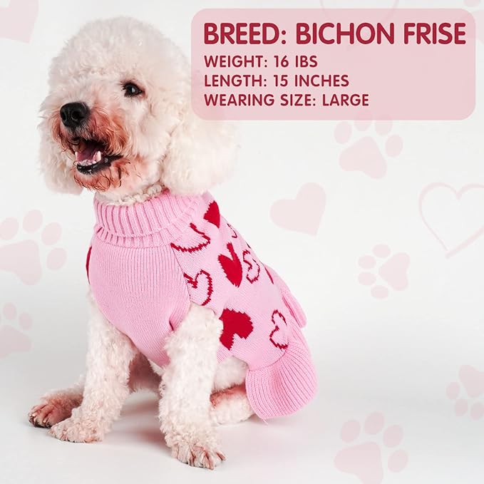 cyeollo Dog Sweaters Dress Valentines Day Dog Clothes Pullover Turtleneck with Leash Hole Heart Pattern Holiday Theme Female Pet Apparel Sweaters for Small Dogs