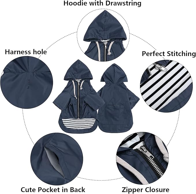 Dog Raincoat rain Jacket Raincoat Dogs Waterproof Small Medium Breeds Zip Closure Storage Pocket Harness Hole Blue XS