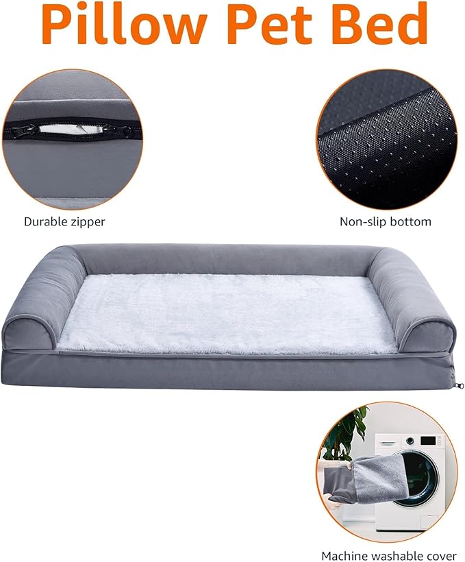 Amazon Basics Living Room Couch Dog Bed with Premium Foam, Pressure-Relief Support for Dogs up to 90lbs, Machine Washable Cover, Extra Large Sized (44" x 35"), Grey
