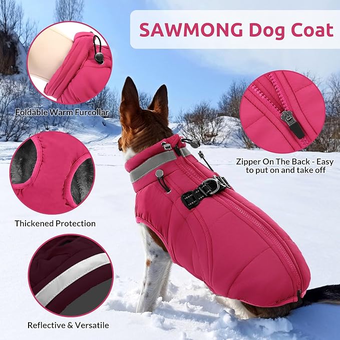 SAWMONG Dog Coat, Warm Dog Winter Coat, Waterproof Fleece Jacket, Cold Weather Dogs Jacket (2XL,Rosered)