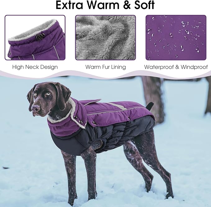 Queenmore Warm Fleece Dog Jacket, Cold Weather Waterproof Snowsuit, Reflective Turtleneck with Leash Hole, Small to Large Dog Coats (Purple, L)