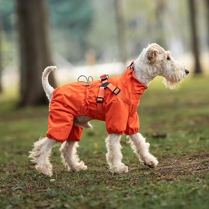 Mile High Life Waterproof Dog Raincoat, Full Coverage Small Dog Rain Coat with Harness, Adjustable 4 Legs Puppy Rain Jacket with Reflective Strip and Elastic Cuffs (Orange, XS Back Length 11.4")