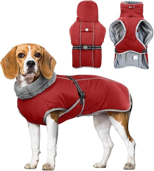 Dog Winter Jackets for Large Dogs,Size L Warm Pet Coat with Leash Hole,Waterproof Dogs Snowsuits Warm Pet Jacket Fleece Cold Weather Coats Reflective Puppy Vest,Dog Cold Weather Coats,Red,L