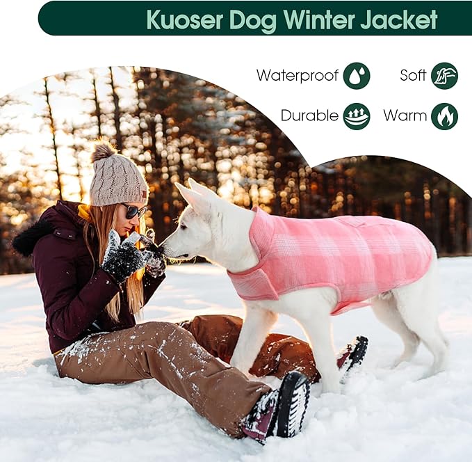 Kuoser Dog Winter Coat, Reversible Dog Jacket, Warm Doggie Coat British Style Puppy Cold Weather Vest, Windproof Pet Clothes Vest for Small Dogs, Pink S
