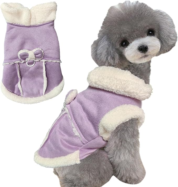 Jecikelon Bowtie Dog Cold Weather Coat Fleece Lining Warm Pet Puppy Turtleneck Dogs Winter Clothes for Small Dogs with D-Ring (Purple, X-Large)