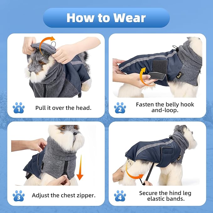 SlowTon Winter Dog Coat, Warm Polar Fleece Lining Doggie Outdoor Jacket with Turtleneck Scarf Reflective Stripe Adjustable Waterproof Windproof Puppy Vest Soft Pet Outfits (S,Dark Blue)