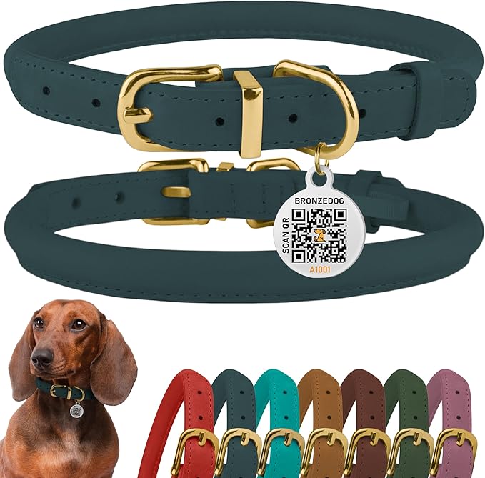 BronzeDog Rolled Leather Dog Collar with QR ID Tag, Adjustable Soft Round Collars for Small Medium Large Dogs Puppy (9" - 11" Neck Size, Denim)