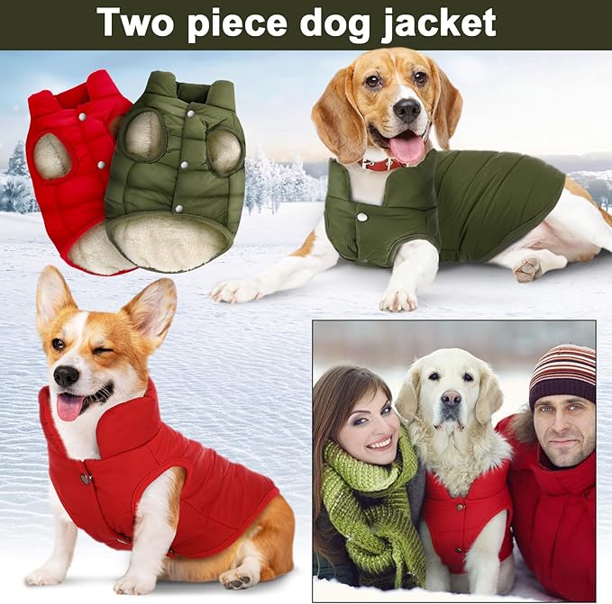 Syhood 2 Pieces Dog Jacket 2 Layers Fleece Lined Dog Jacket Warm Soft Windproof Small Pet Coat for Winter Cold Weather(M,Red,Green)