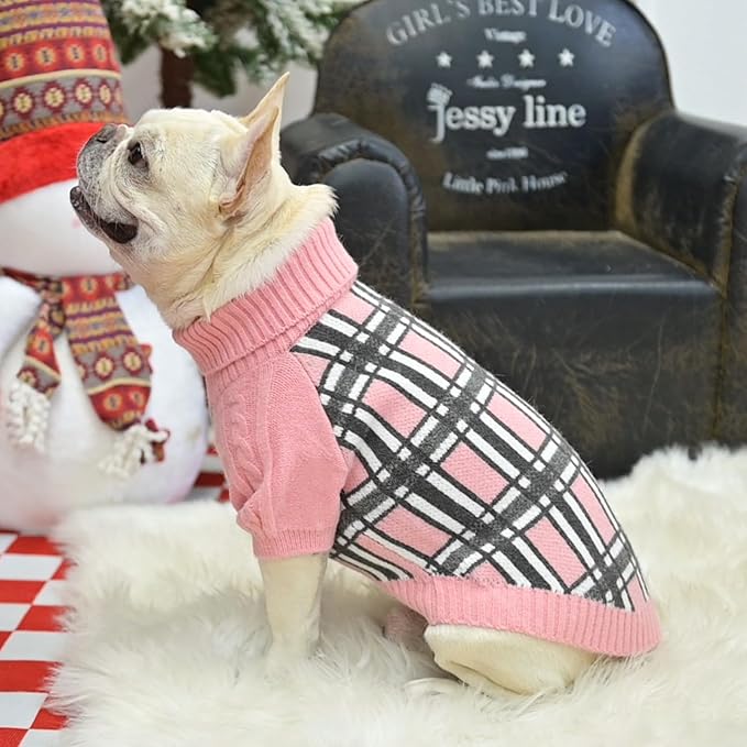 SCENEREAL Turtleneck Dog Sweater for Small Medium Large Dogs Girls Boys, Christmas Plaid Pullover Puppy Sweatershirt, Dogs Cold Weather Outfit Clothes, Ideal Gift for Pet in New Year, Pink Plaid L