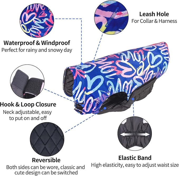 CuteBone Winter Dog Jacket - Waterproof Windproof Reversible Vest with Leash Hole for Small to Large Dogs