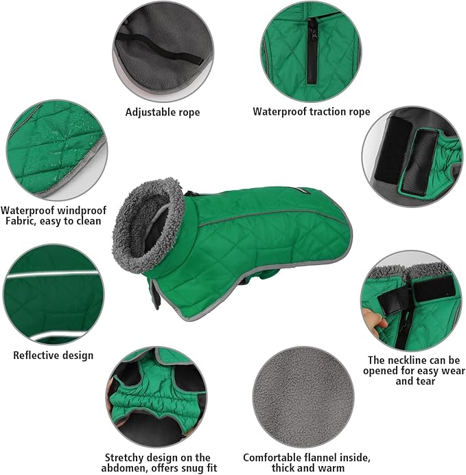 Fragralley Dog Coat Large, Waterproof Dog Jacket with Warm Fleece Lining, Adjustable Reflective Dogs Winter Coat, Turtleneck Pet Coats for Cold Weather (Green XXL)