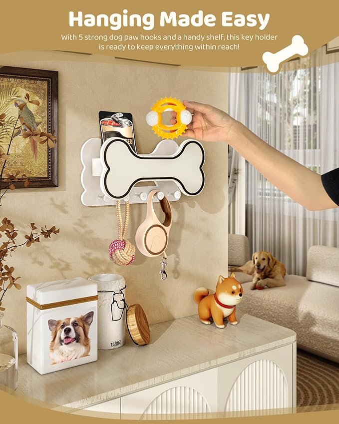Decorative Dog Leash Holder for Wall - Doggie Bone Shape Key Holder Wall Mount with 5 Chic 3D Puppy Paw Hooks & Dog Stuff Storage Shelf - Apartment Essentials (Black & White)