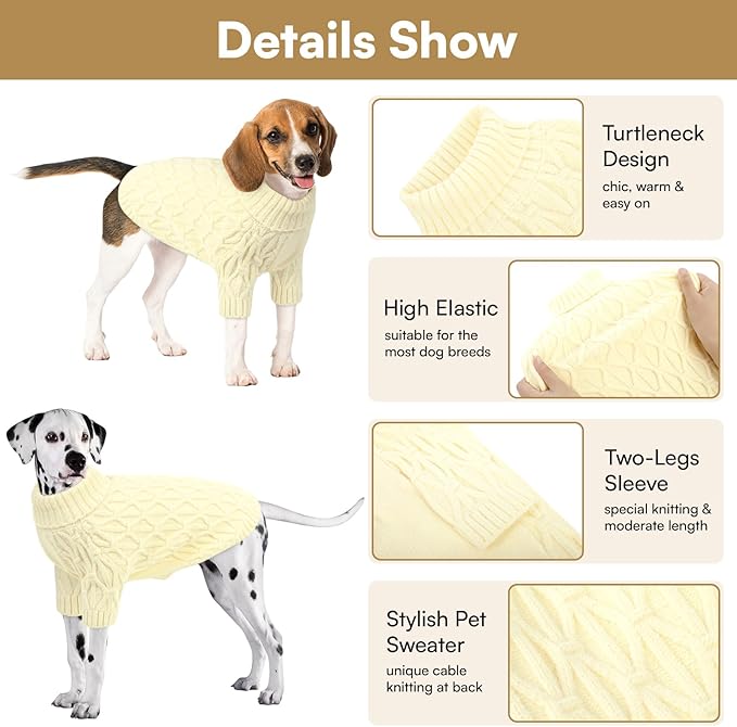 Queenmore Large Dog Sweater,Dog Sweaters for Large Dogs Male Female,Thanksgiving Fall Knit Sweater for Dogs,Turtleneck Thick DogSweaters,Winter Knitwear Pet Clothes for Corgi,French Bulldog(Beige,L)