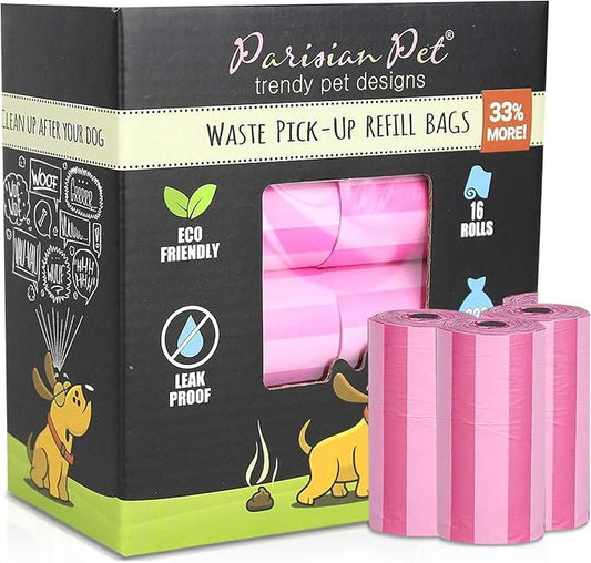 Parisian Pet Ecofriendly Dog Poop Bags Rolls - 320 Count Unscented Poop Bags For Dogs - Leakproof, Extra Thick, 16 Dog Waste Bags Refill Rolls - Striped Pink Doggie Poop Bags - Fits All Dispenser