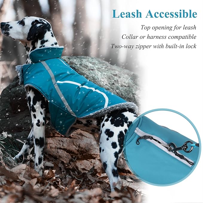 VIVAGLORY Frostfit Dog Coat, Dog Jacket for Winter & Cold Weather, Warm Fluffy Fleece Lined Water Resistant Reflective for Puppy, Coat with Velcro Fastening & Leash Hole, M+, Turquoise