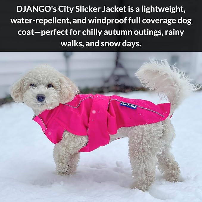 DJANGO Dog Jacket & Raincoat – Lightweight Water-Resistant Coat for Small, Medium & Long Dogs Like Dachshunds – Reflective, Adjustable Fit, Harness-Compatible & Easy-Access Harness Hole - Pink, Medium