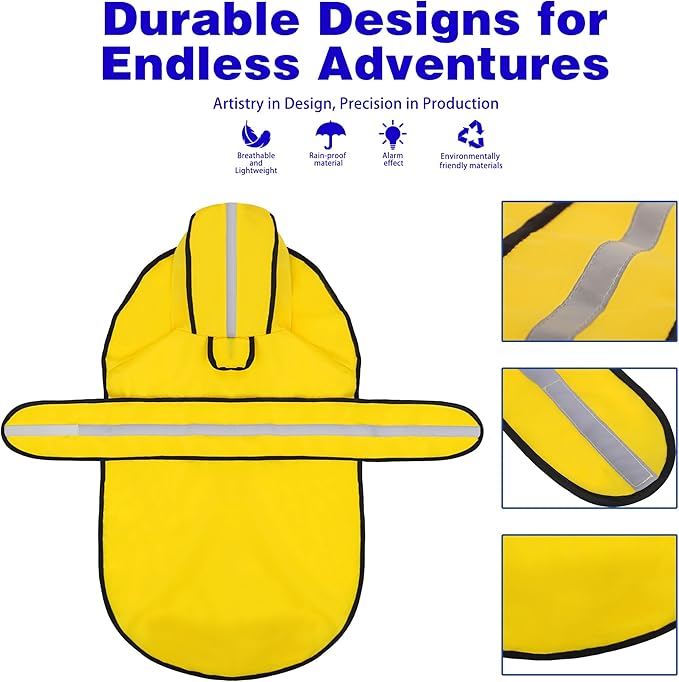 Paiaite Dog Raincoat: Hooded Slicker Poncho, Durable Waterproof Jacket with Reflective Stripes, Convenient Leash Hole, and Adjustable Fit, Perfect for Small, Medium, and Large Dogs Yellow 3XL