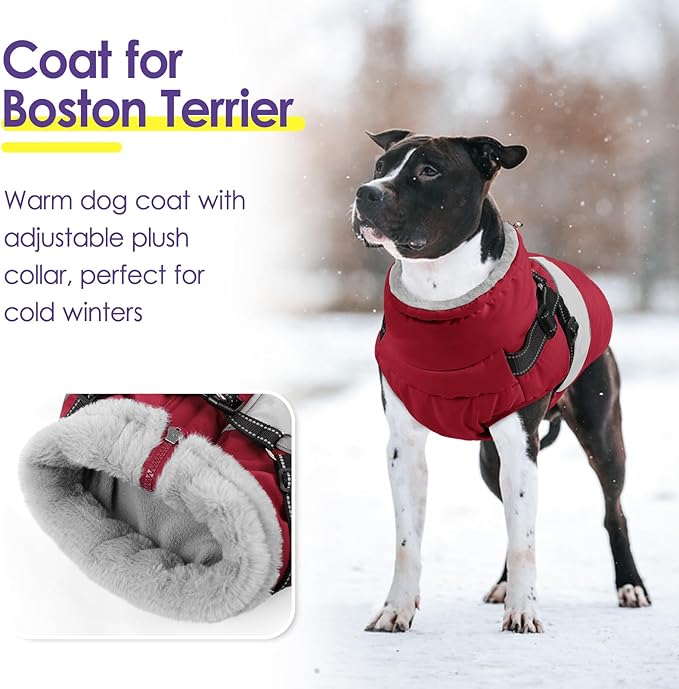 SUNFURA Dog Winter Coat, Waterproof Dog Coat Jacket with Harness for Medium Dogs Boys Girls, Reflective Fleece Lined Pet Snow Jacket Sweaters for Pug, Jack Russel, Boston Terrier, Burgundy M