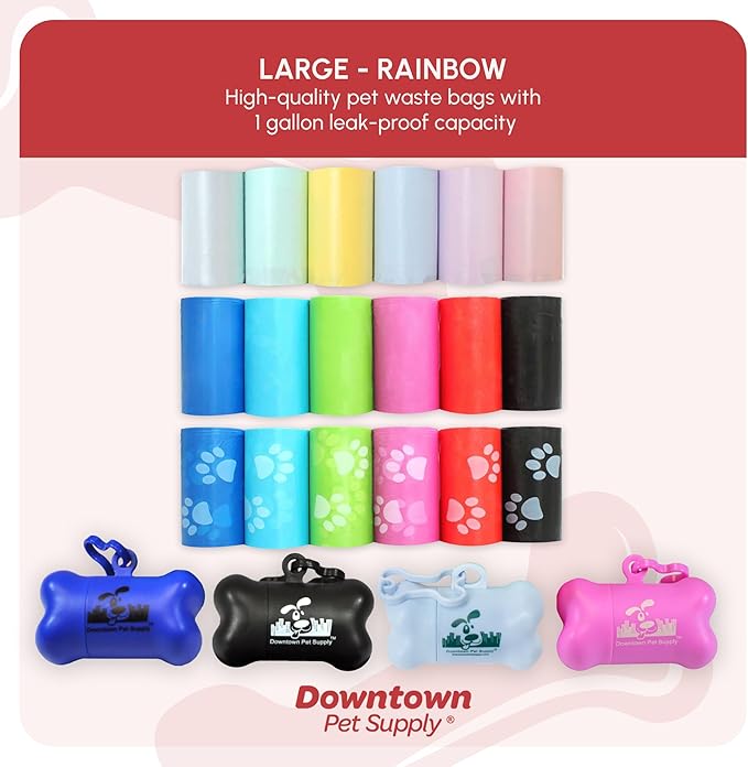 Downtown Pet Supply Poop Bags for Dogs with Dispenser, 2200 Count - Leak-Proof Dog Waste Bags and Bone-Shaped Dog Poop Bags Holder for Leash - Rainbow of Colors, 12.5" x 8.5"