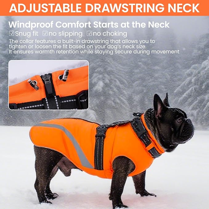 QBLEEV Large Dog Coat, Big Dog Winter Jacket for Large Dogs, XXX-Large Waterproof Cold Weather Snow Vest with Zip & Reflective, Windproof Built-in Harness Warm Fleece Snowsuit Clothes, Orange, XXXL