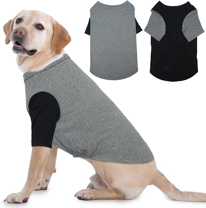 2 Pack Large Dog T-Shirts 3XL - Breathable Lightweight Cotton Clothes, Shedding Control Protect Skin Shirt for Dogs Husky, Labrador, Summer Hot Day Sleeping, Walk, Sea, Park Play, GreyBlack