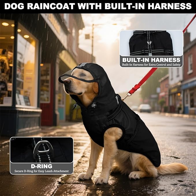 Dog Raincoat XL, Waterproof Rain Jacket for Dogs with Adjustable Built-in Harness & Back Zipper, Reflective Strip, Removable Hood,for Rainy Walks, Muddy Roads or After-Bath Outings - Black