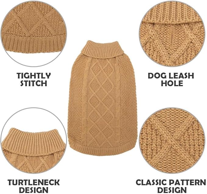 Mihachi Turtleneck Dog Sweater - Winter Coat Apparel Classic Cable Knit Clothes with Leash Hole for Cold Weather, Ideal Gift for Pet in New Year