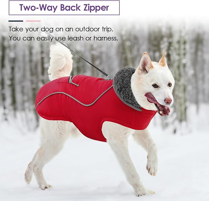 SUNFURA Dog Winter Coat, Medium Dog Coat Jacket with Fleece Lining for Cold Weather, Warm Puffer Jacket Turtleneck Snowsuit with Leash Hole for Jack Russel, Boston Terrier, Red M