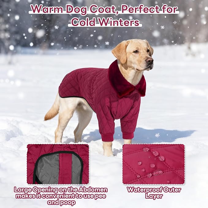 IDOMIK Dog Winter Coat for Large Dogs, Warm Dog Winter Jacket with Fleece High Collar, Zippered Cold Weather Coats for Dogs, Waterproof Doggy Snow Jacket Clothes,WineRed,2XL