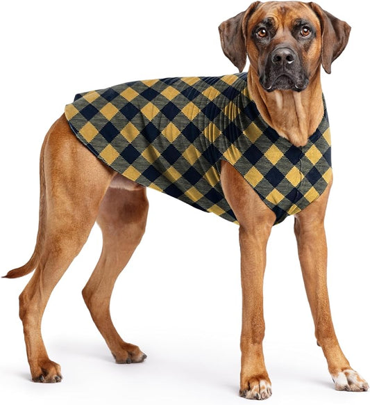 Goldpaw Stretchy Fleece Jacket for Small Dogs - Super Soft, Warm Dog Sweater - Pet Sweater Vest for Fall and Winter - Canine Clothes Made in The USA - Machine Washable - Gold Buffalo Check - Size 26