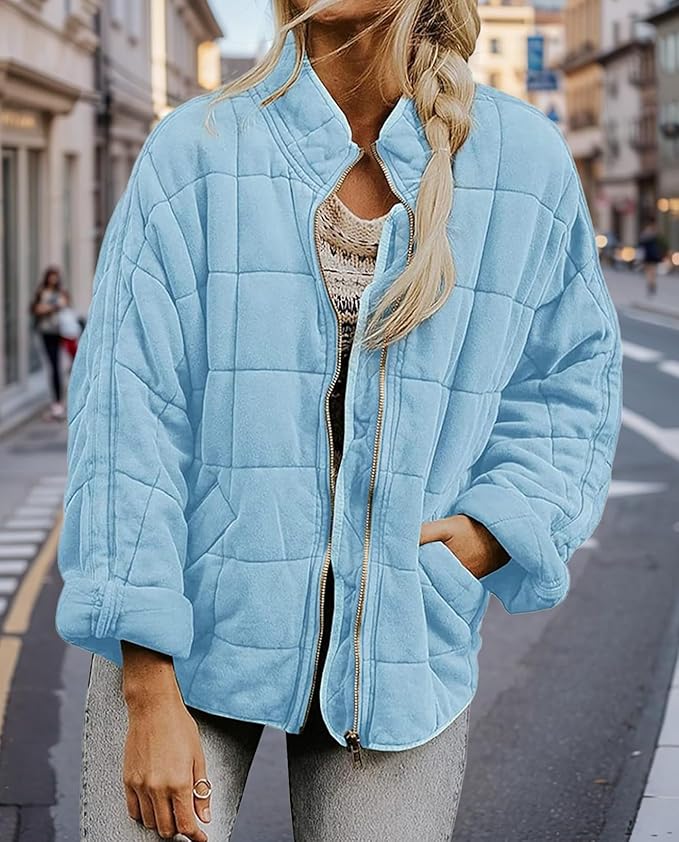 LIZALIG Warm Padded Coat for Women Full Zip Quilted Jackets Winter Oversized Causal Solid Color Stand Collar Pockets Coat