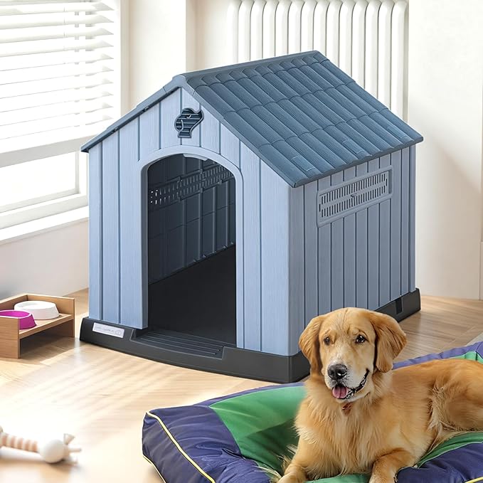 PUKAMI Large Dog House Outdoor Indoor, Plastic Dog House Weatherproof for Large Dogs, Study Puppy Shelter with Air Vents and Elevated Floor, Easy Clean and Assemble (Blue, 36.81"D x 38.7"W x 39.1"H)