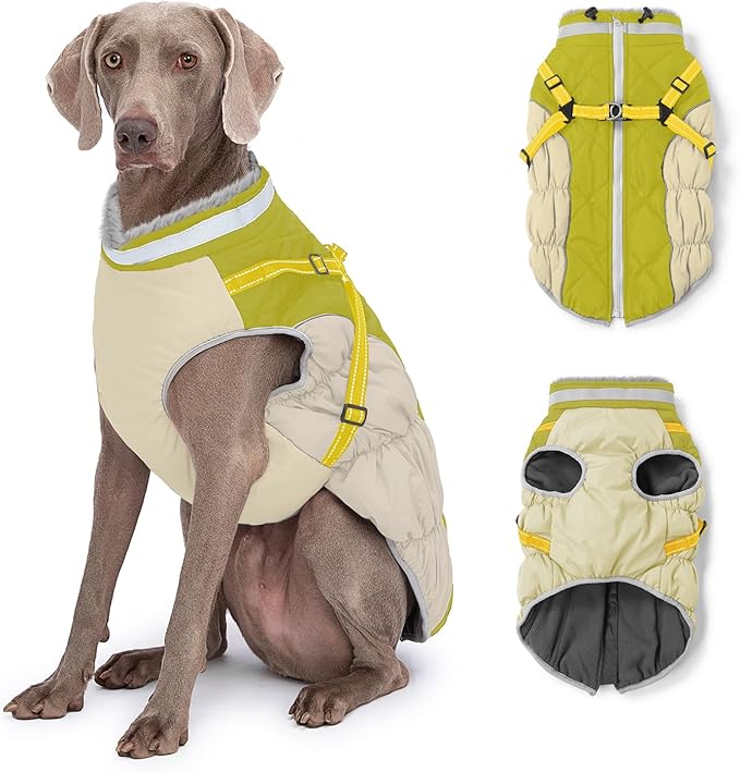 Dog Winter Coat with Harness, Dog Jacket, Pet Clothes with Zipper on Back, Waterproof Windproof Warm Vest, Reflective Cold Weather Coats, for Small Medium Large Dogs, Thick, Green, 2XL