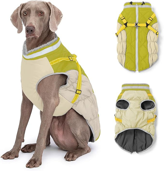 Dog Winter Coat with Harness, Dog Jacket, Pet Clothes with Zipper on Back, Waterproof Windproof Warm Vest, Reflective Cold Weather Coats, for Small Medium Large Dogs, Thick, Green, 2XL