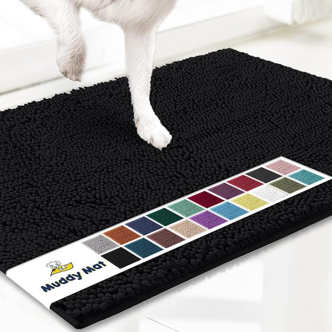 Muddy Mat® Original Dog Door Mat for Muddy Paws, Super Absorbent Microfiber, Non-Slip Washable Pet Rug, Quick Dry Chenille Entryway Carpet, Machine Washable Indoor Outdoor mat, Black 24"x96"