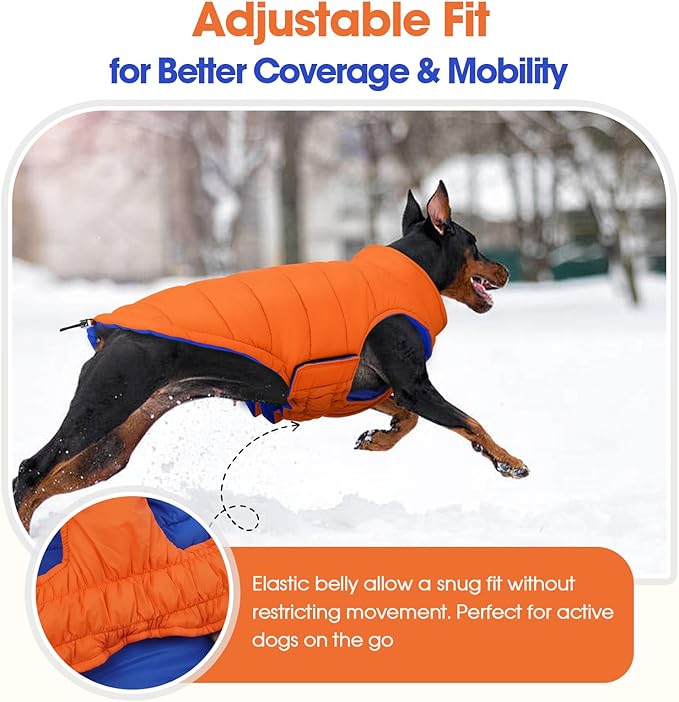 QBLEEV Reversible Dog Winter Coat, Waterproof Windproof Dog Jacket with Adjustable Fit & Leash Hole, Lightweight Warm Puffer Vest for Large Breeds, Orange, 2XL – Fits Labrador, Husky, Weimaraner