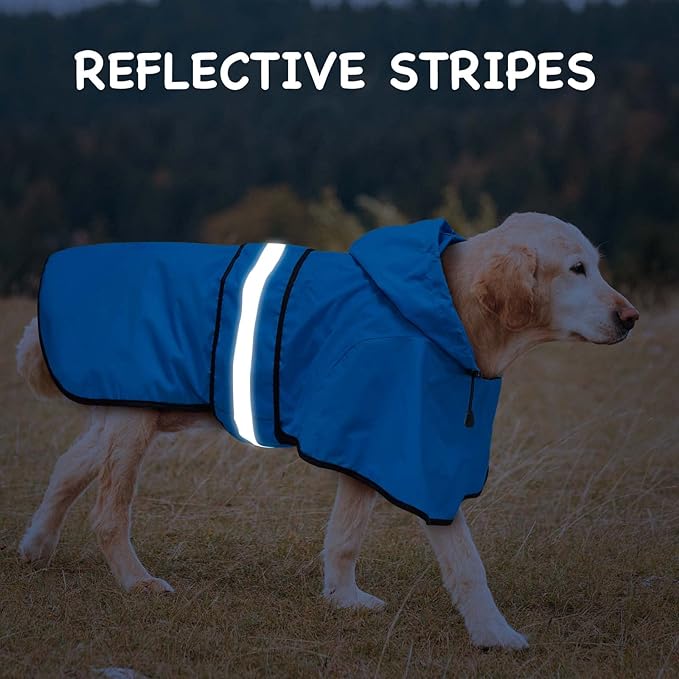 Hooded Dog Raincoat - Reflective Dog Rain Jacket Lightweight Waterproof Rain Coat for Small Medium Large Dogs (Large, Blue)