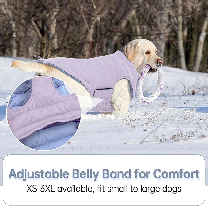 Lelepet Reversible Dog Coat Waterproof Dog Jacket Windproof Puffer Vest for Winter Warm Lightweight Coats for Small Dogs Adjustbale Hook & Loop Pet Apparel with Leash Hole, Pug, Purple, M