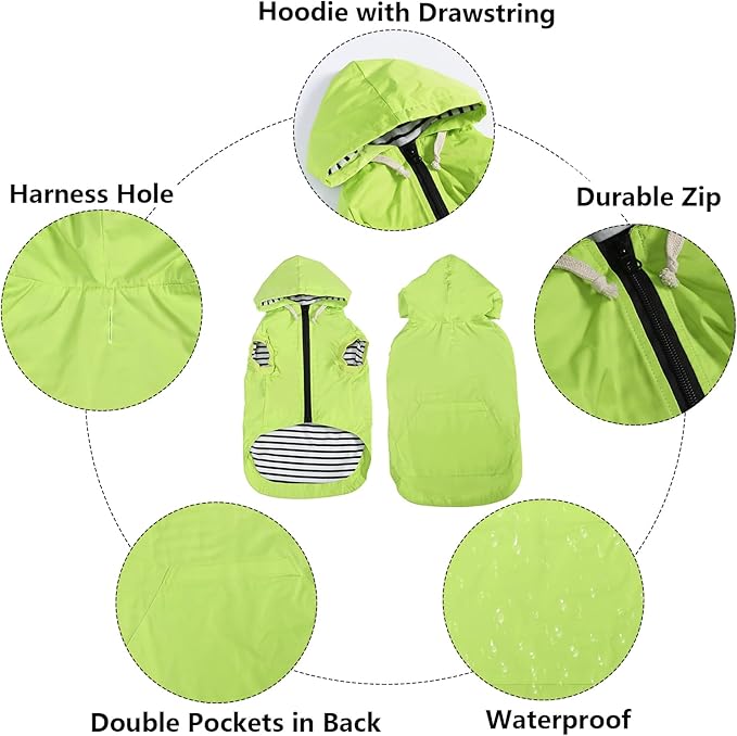Dog Raincoat rain Jacket Dogs Waterproof fit for Small Medium Breeds Zipper Closure Pocket Storage in Cold Day - Light Green - L