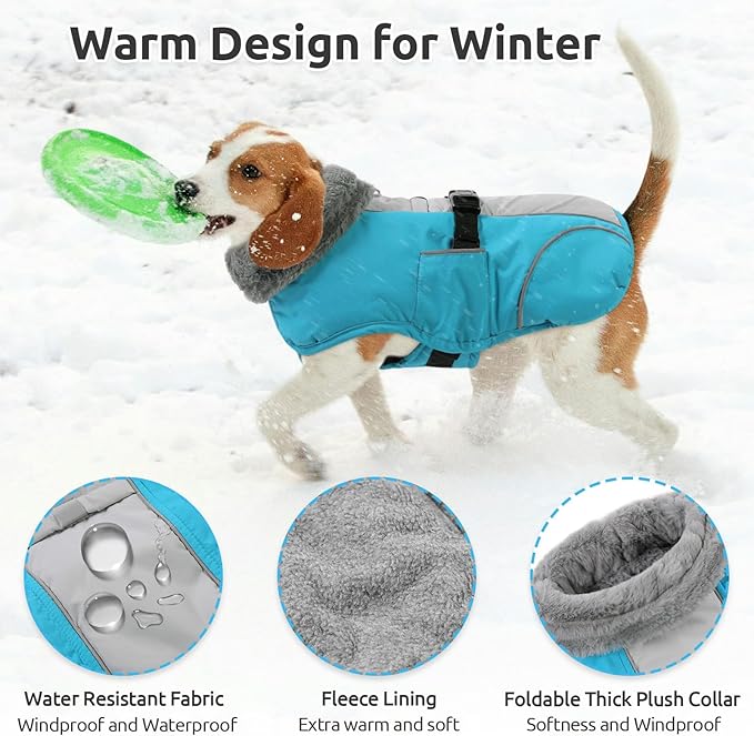 Queenmore Dog Jackets for Largeb Breeds, Large Dog Coats Winter Waterproof, Thick Fleece Lining Pet Coats for X-Large Dogs Winter, Blue, XL