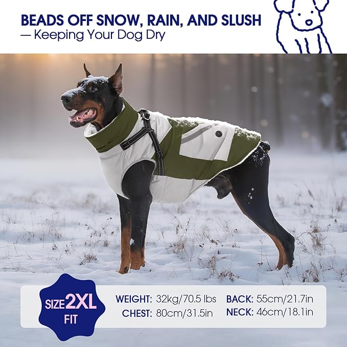 FUAMEY Dog Winter Jackets for Small Dogs,Dog Coat with Harness Built in,Waterproof Dogs Snowsuits Warm Pet Jacket Zip Up Fleece Cold Weather Coats Reflective Puppy Vest with Pocket Green XS