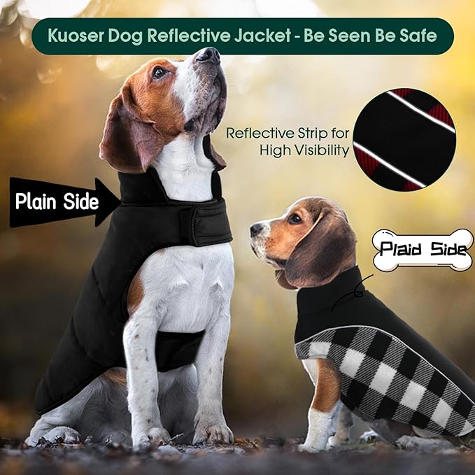 Kuoser Dog Winter Coat, Reversible Waterproof Dog Jacket with Reflective Strip, Warm Dogs Fleece Vest Adjustable Doggy Cold Weather Clothes Plaid Christmas Outfit Pet Apparel for Medium Dogs, Black M