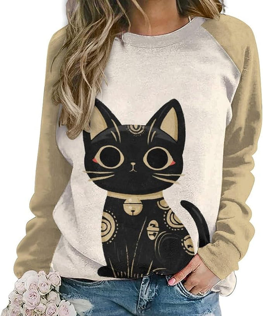 Abstract Cute Cat Shirts for Women Long Sleeve Lady Crewneck Pullover Sweatshirt Fall Winter Oversized Tops