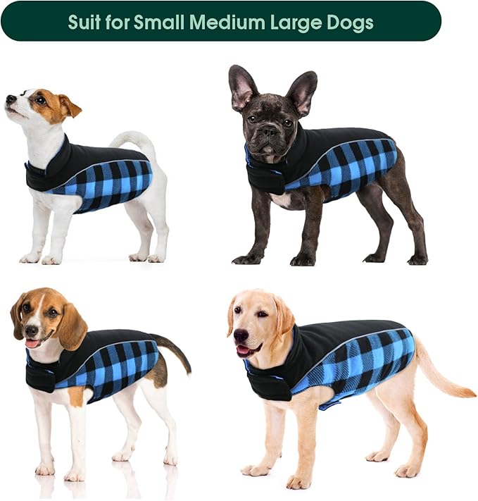 Kuoser Dog Winter Coat, Reversible Waterproof Dog Jacket with Reflective Strip, Warm Dogs Fleece Vest Adjustable Doggy Cold Weather Clothes Plaid Christmas Outfit Pet Apparel for Medium Dogs, Blue M