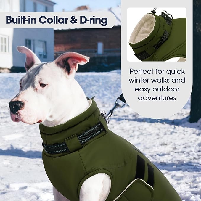 IECOii XXXL Dog Coat for Large Dogs Waterproof Dog Jacket with Collar Built in, Reflective Winter Jacket with Fleece Lined Warm Cold Weather Coats for Extra Large Dogs, Great Dane, Army Green - 3XL
