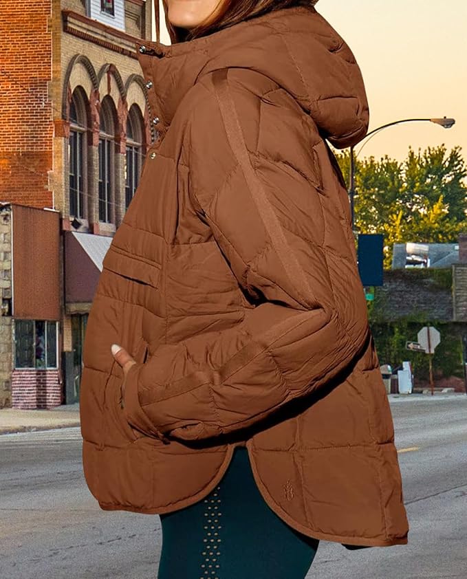 Womens Oversized Hooded Puffer Jacket Fall Winter Warm Quilted LightWeight Jacket Casual Fashion Solid Color Coat