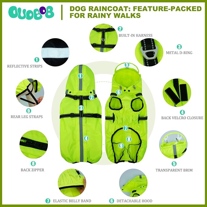 Dog Raincoat for Extra Large Dogs with Hood, Waterproof Dog Rain Jacket with Adjustable Built-in Harness & Back Zipper, Reflective Strip, for Rainy Walks, Muddy Roads - Fluorescent Green XXXXL