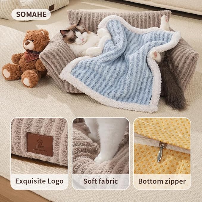 Cozy Couch for Cats Fluffy Pet Sofa with Premium Soft Fleece Fuzzy Cat Beds for Indoor Cat with Removable Washable Cover Supportive Pet Bed 24×18inch Beige